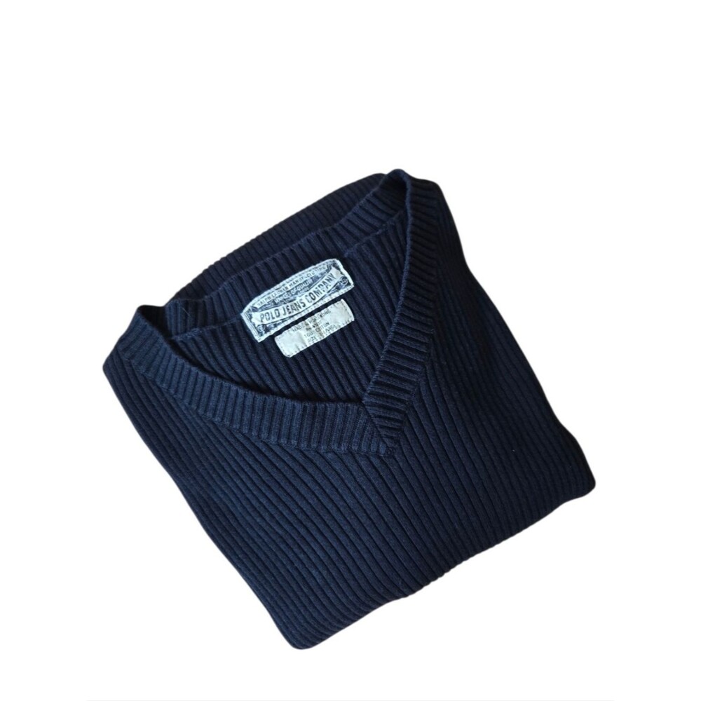 VTG Polo by Ralph Lauren Men's Navy Ribbed V-Neck Sweater